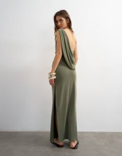 Model wearing Modal cowl back sleeveless maxi dress in khaki