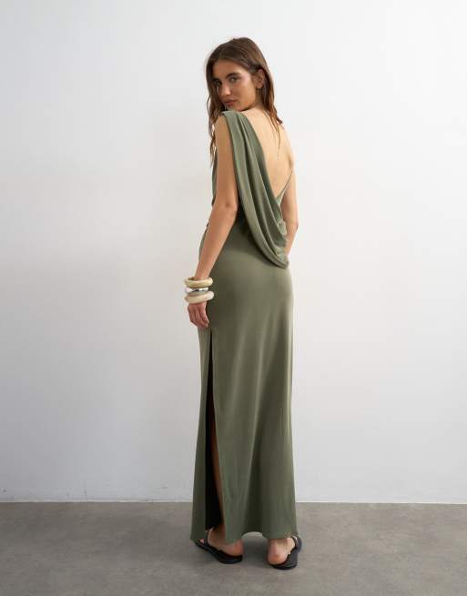 Topshop modal cowl back sleeveless maxi dress in khaki, 3 of 4
