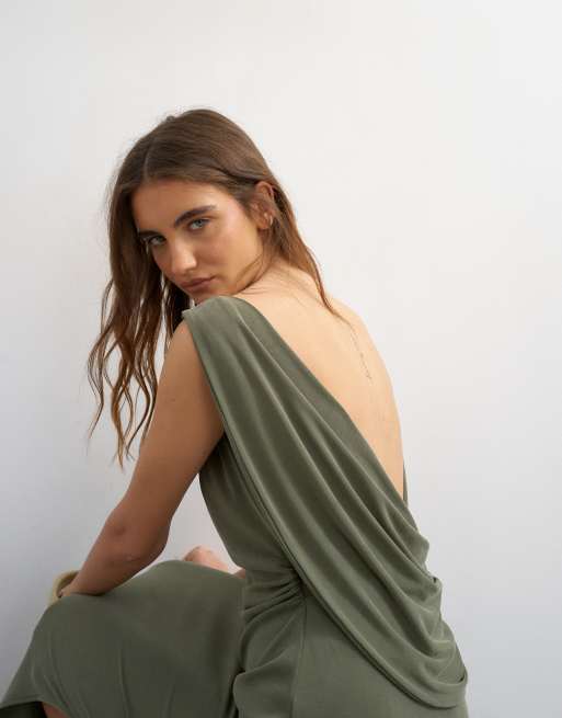 Topshop modal cowl back sleeveless maxi dress in khaki, 4 of 4