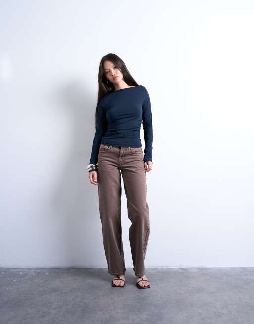 Topshop modal ruched slash neck long sleeve top in navy, 2 of 4