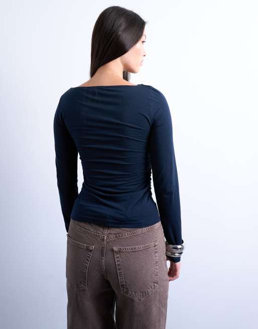 Topshop modal ruched slash neck long sleeve top in navy, 4 of 4