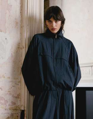Topshop Modal Striped Zip Up Jacket In Blue