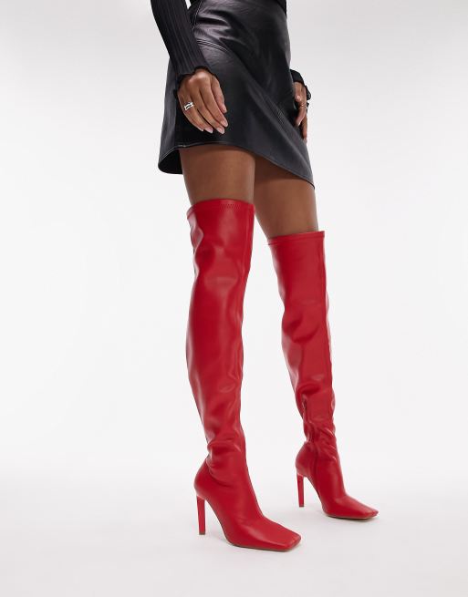 Topshop Mollie over the knee heeled sock boots in red ASOS