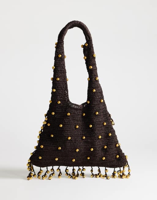 Topshop Molly borsa media intrecciata con perline color cioccolato