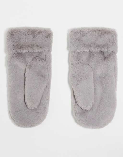 Topshop – Molly – Fäustlinge aus Kunstpelz in Grau