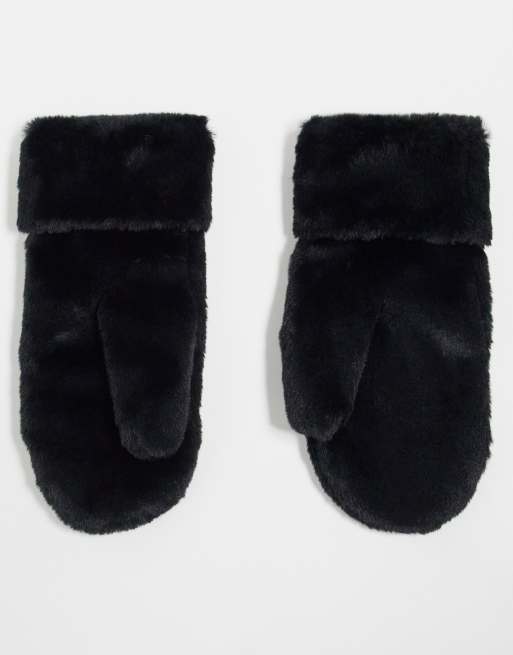 Topshop Molly faux fur mittens in black