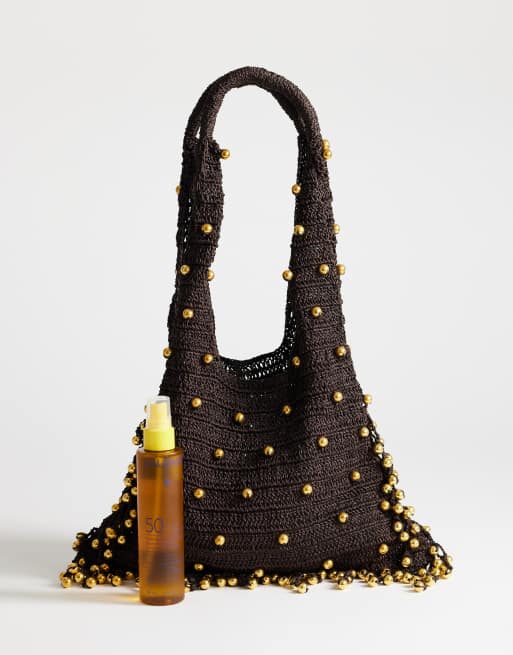 Topshop Molly medium geweven tas met kralen in donkerbruin, 2 van 4