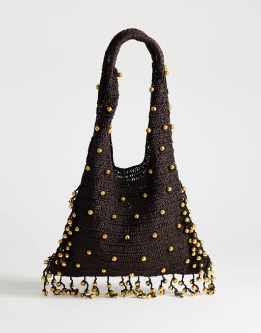 Topshop Molly medium geweven tas met kralen in donkerbruin, 4 van 4