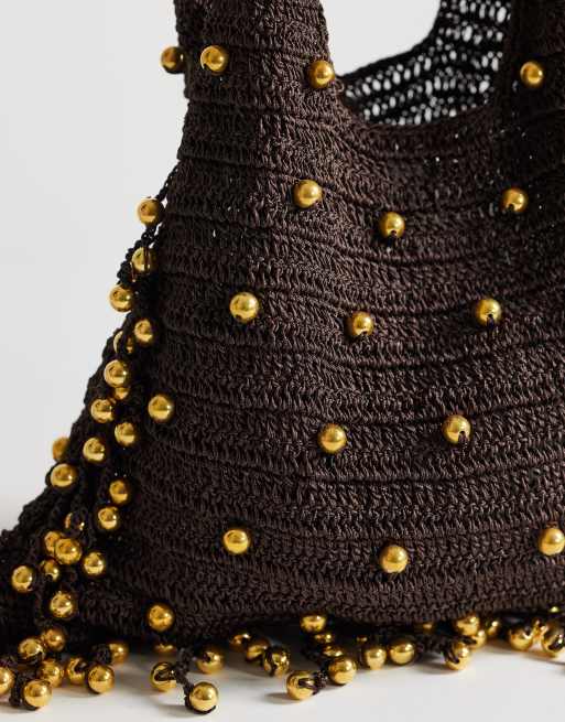 Topshop Molly sac tissé moyen orné de perles couleur chocolat, 3 de 4