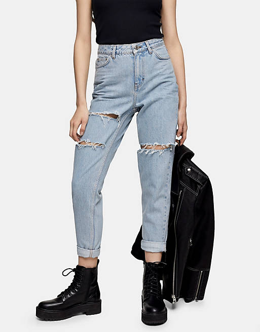 Topshop mom jean with double knee rips in bleach wash