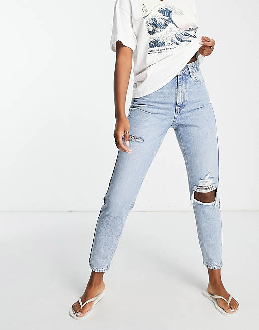Topshop Mom jean with side and knee rip in bleach 