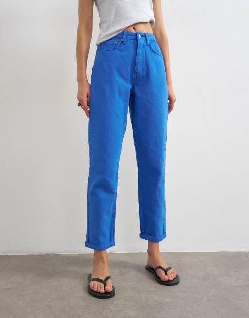 Topshop - Mom jeans ampi a vita alta color cobalto, 2 di 8