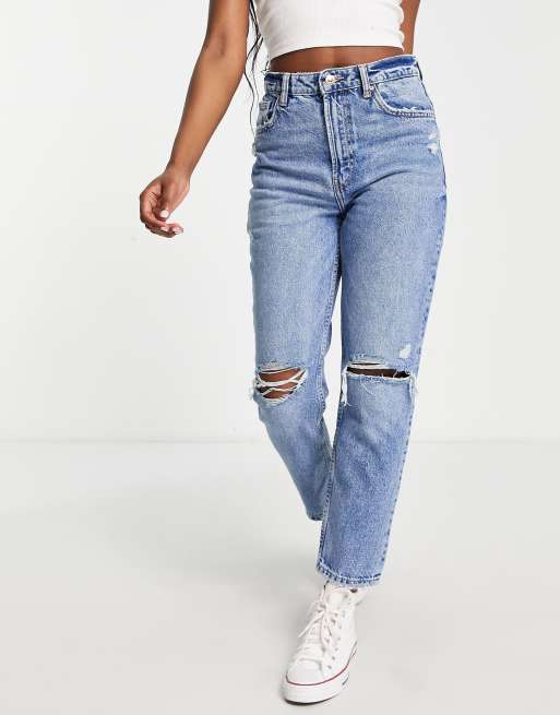 Topshop - Mom jeans blu con strappi 