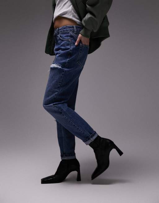 Topshop Mom jeans con strappi vistosi color blu medio