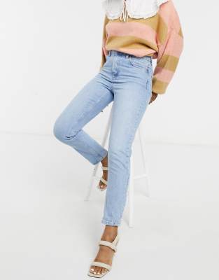 bleach wash mom tapered jeans