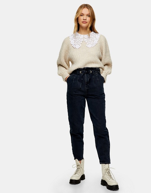Topshop mom jeans with tie-waist in blue black