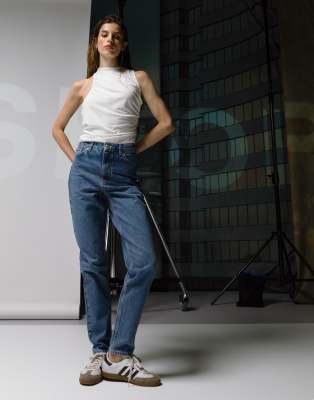 Topshop Mom Jeans In Mid Blue