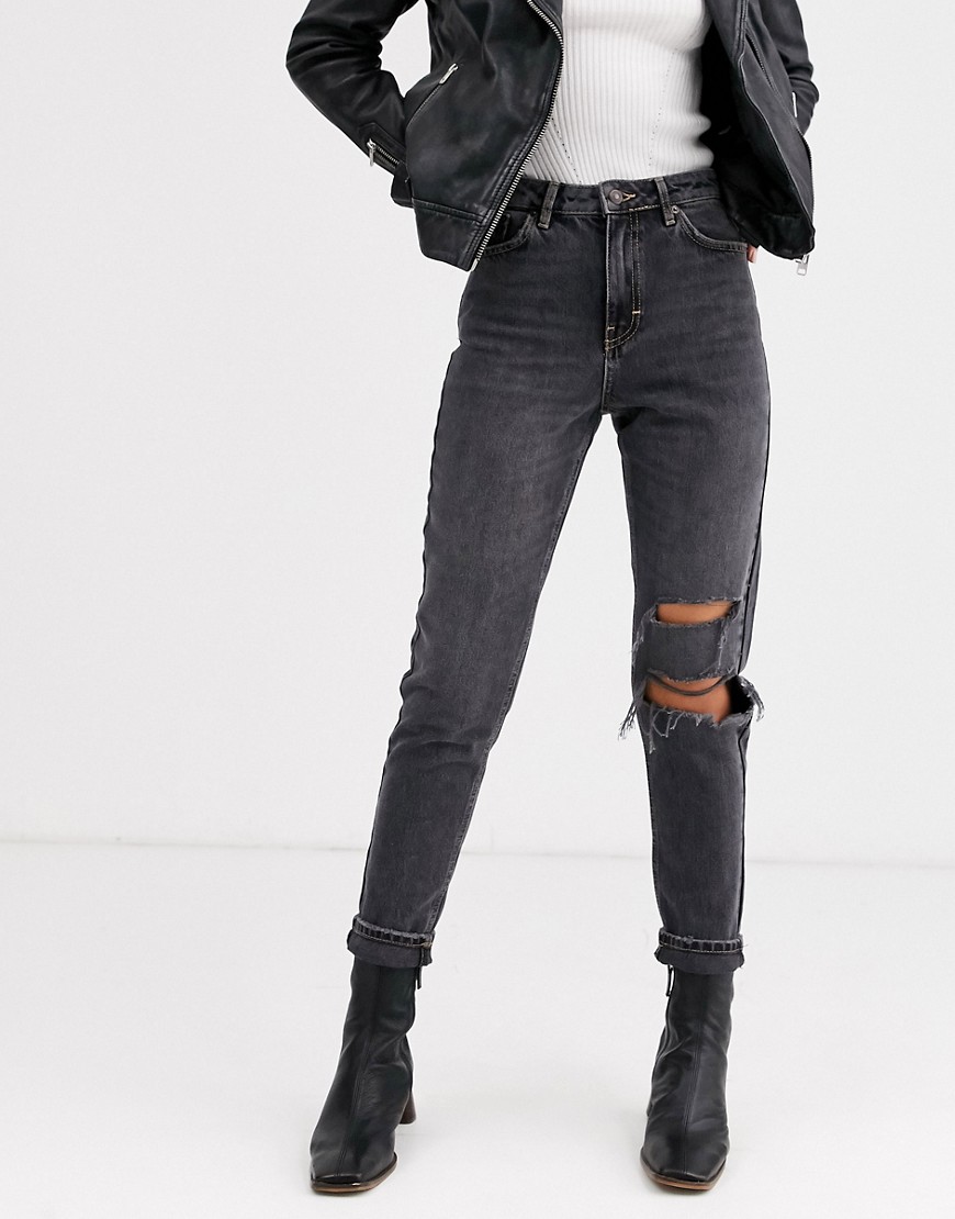 Topshop - Mom-jeans med flænger i washed black-Sort