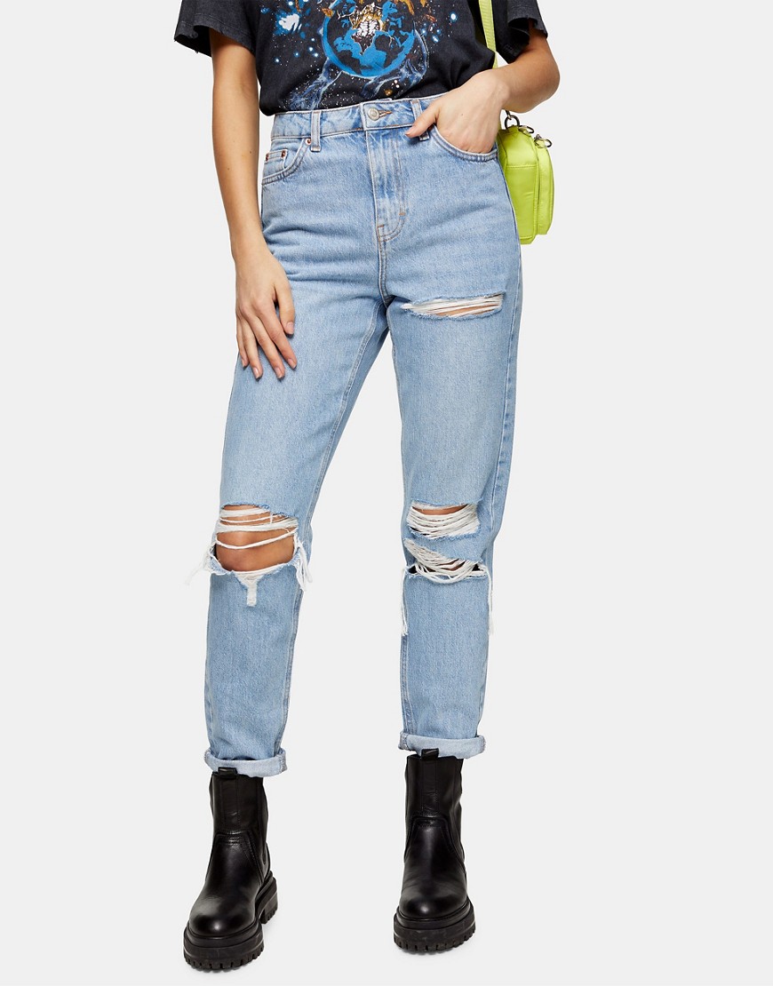 Topshop - Mom jeans met super scheuren in bleekwassing-Blauw