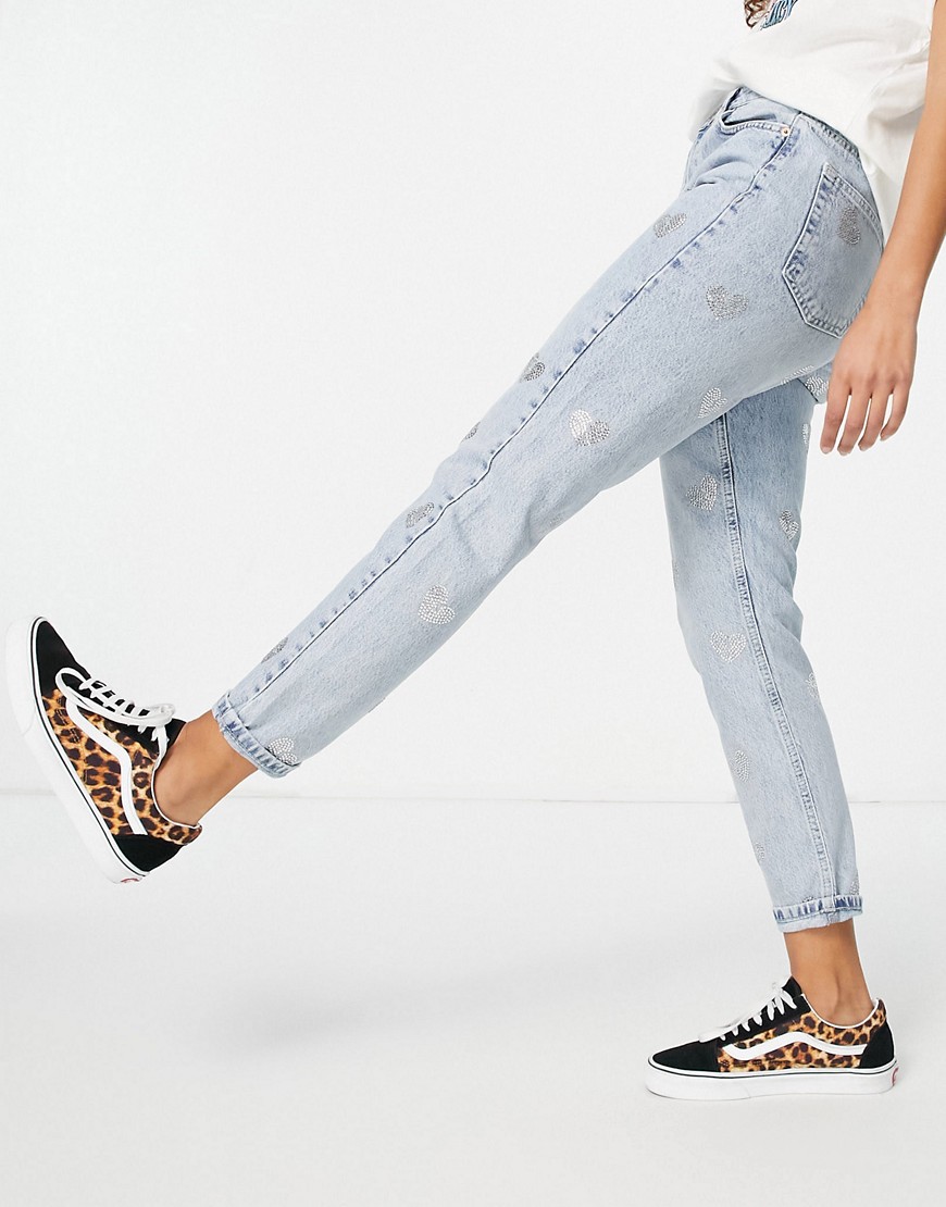 Topshop mom jeans with diamante hearts in bleach-Blues