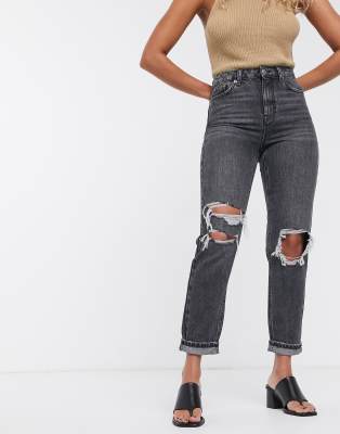 Topshop mom jeans with double knee rips in washed black