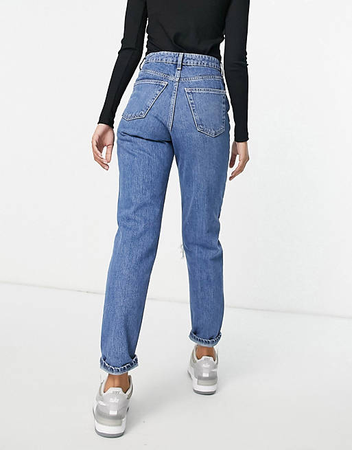 Jeans Topshop mom jeans with knee and thigh rips in mid blue 