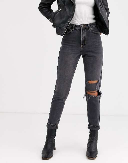 Topshop mom jeans with rips in washed black | ASOS