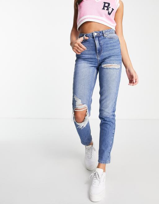 Topshop Mom jeans with super rips in mid blue