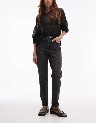 Shop Topshop Original High Waisted Mom Jeans In Washed Black