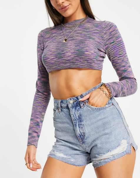 Topshop – Mom-Shorts in A-Linie in Mittelblau mit Zierrissen - view 1