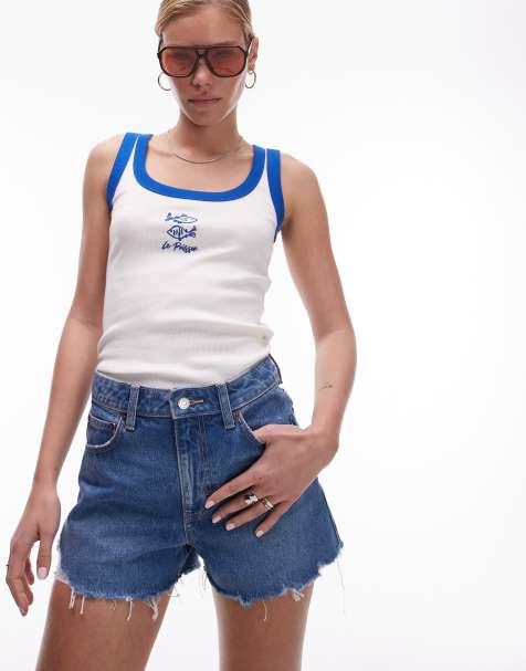 Topshop – Mom-Shorts in Mittelblau mit A-Linie und Zierrissen - view 1