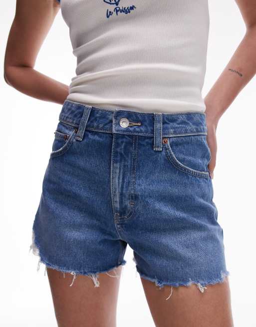 Topshop - Mom shorts svasati in denim blu medio con strappi, 2 di 5