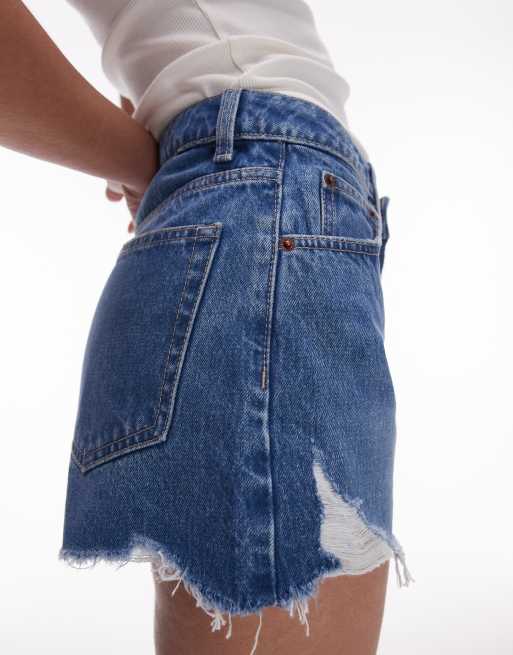 Topshop - Mom shorts svasati in denim blu medio con strappi, 4 di 5
