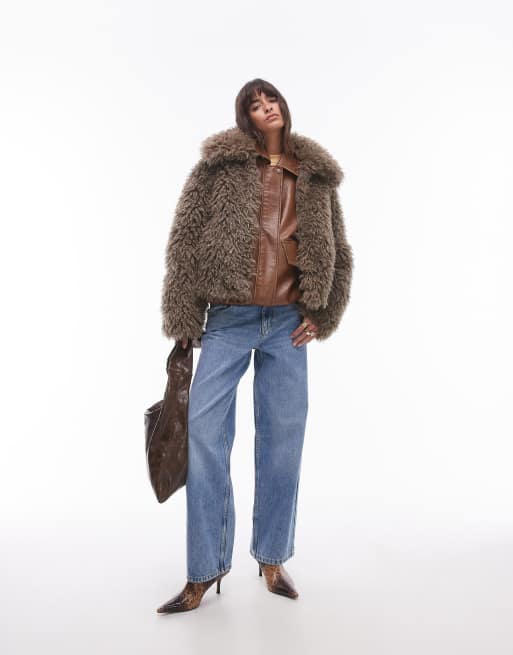 Topshop mongolian faux fur bomber coat in grey