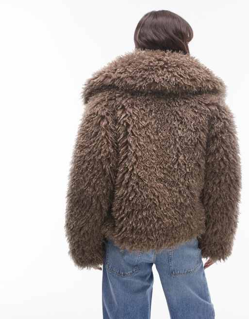 Topshop mongolian faux fur bomber coat in grey