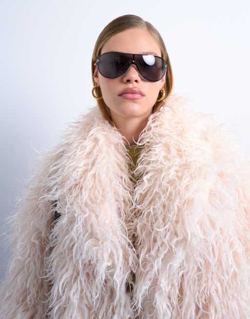 Topshop mongolian faux fur funnel neck mid length coat in white