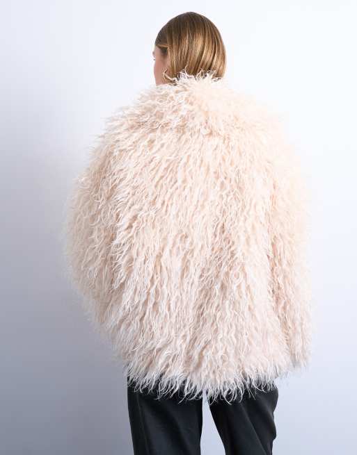 Topshop mongolian faux fur funnel neck mid length coat in white
