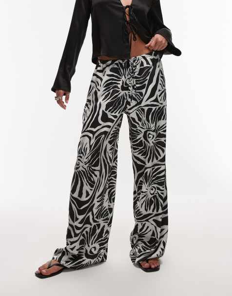 Topshop mono abstract shell print satin drawcord pants in grey - view 1