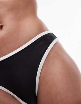 Topshop Mono Contrast Trim Hipster High Leg Bikini Bottom In Black
