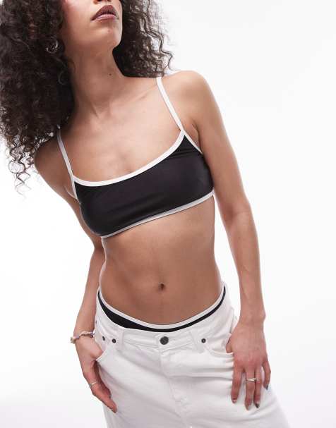 Topshop mono contrast trim scoop bikini top in black - view 1