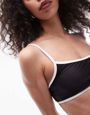Topshop Mono Contrast Trim Scoop Bikini Top In Black