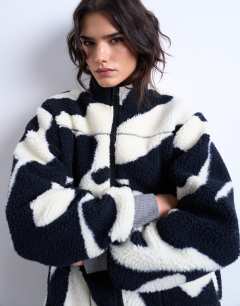 Mono cow print borg fleece jacket in multi