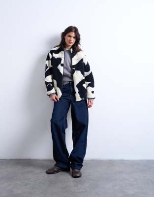 Topshop Mono Cow Print Borg Fleece Jacket In Multi