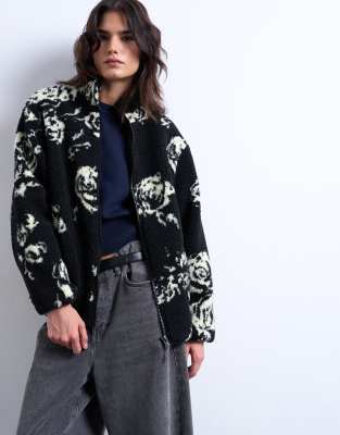 Topshop Mono Floral Print Fleece Borg Jacket In Black