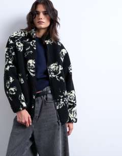 Mono floral print fleece borg jacket in rose