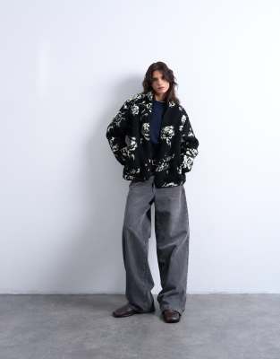 Topshop Mono Floral Print Fleece Borg Jacket In Black