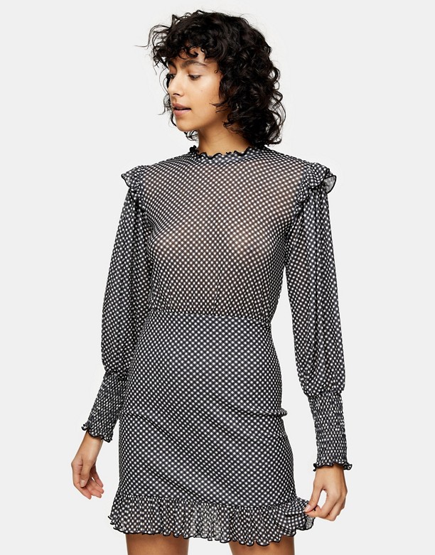  Gorąca Wyprzedaż Topshop – Monochromatyczna prześwitująca sukienka mini w kropki Czarno-biały