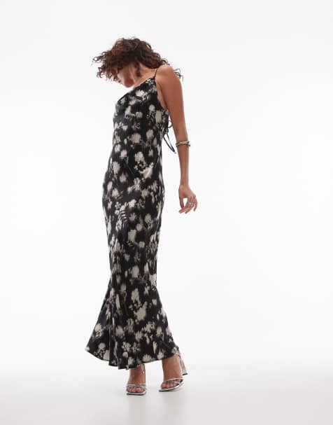 Topshop – Monokrom, blommig slipklänning i satin med midilängd, draperad ringning och snurrad knut baktill - view 1