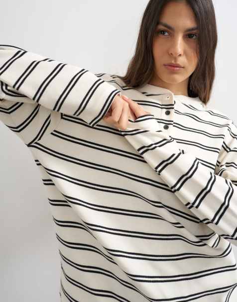 Topshop - Monokrom stribet og langærmet henley-top - view 1
