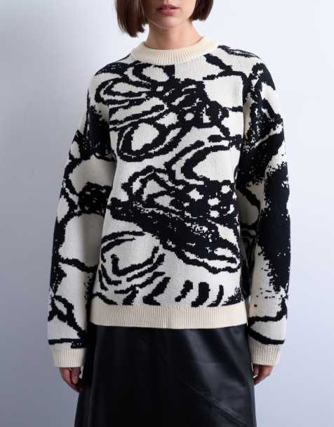 Topshop - Monokrom striktrøje i jacquard med enkelt snit og abstrakt blomstermønster - view 1